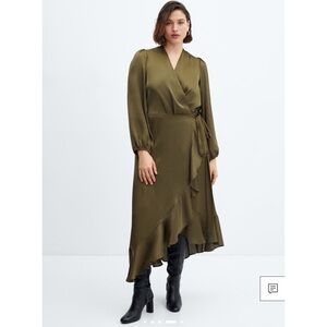 Mango MNG Wrap Dress Olive Green Satin Ruffle Maxi Medium M 6